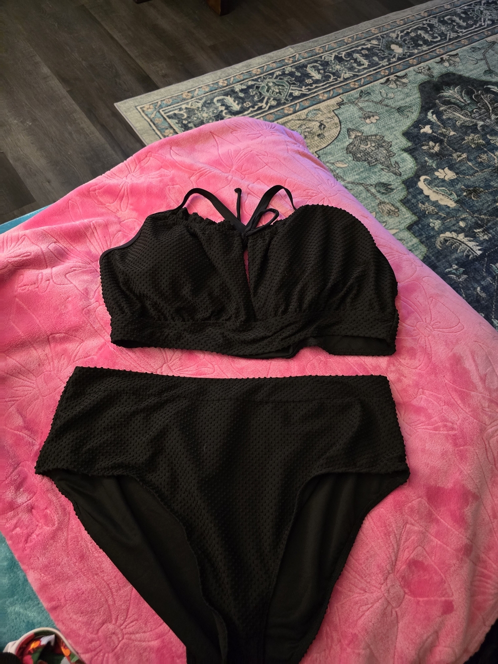 Black High-Waist Textured Bikini Set - Women Swim